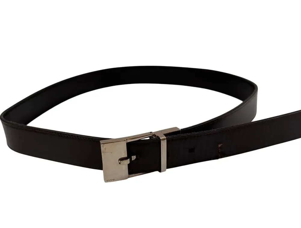 GUCCI Men's Calf Belt Black Leather Nickel Silver Tone Single Tongue Buckle USED